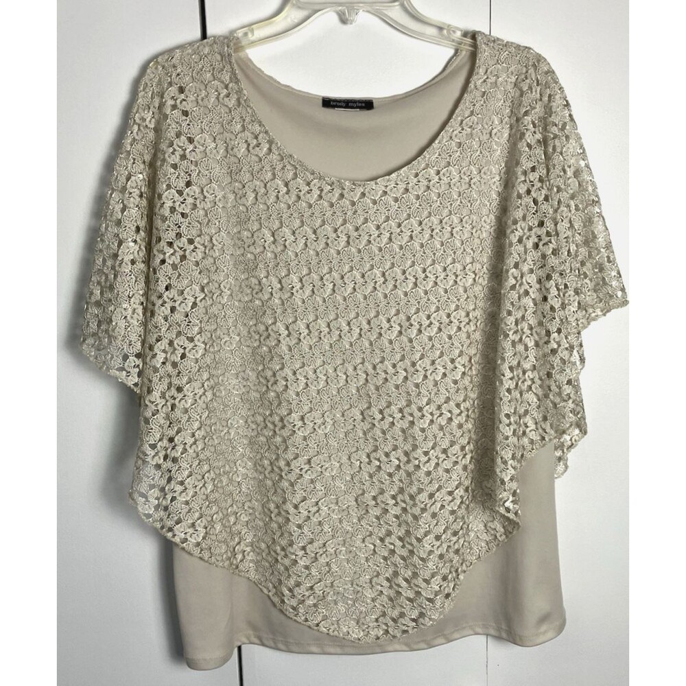 Brody Myles Womens Cream Color Lace Lined Short Sleeve Shawl Blouse Large